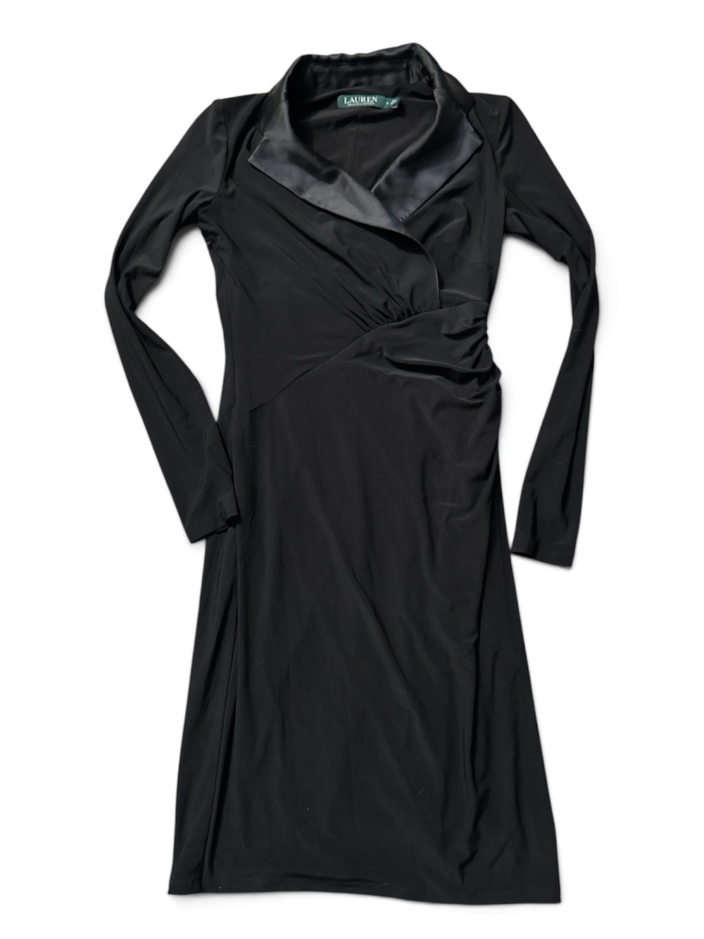 Lauren Ralph Lauren Black Tuxedo Faux Wrap Dress Satin Collar Size 0
